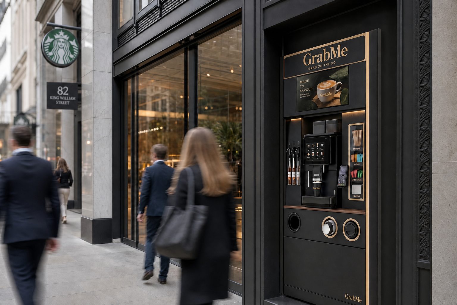 GrabMe machine built into a storefront on King William Street, London