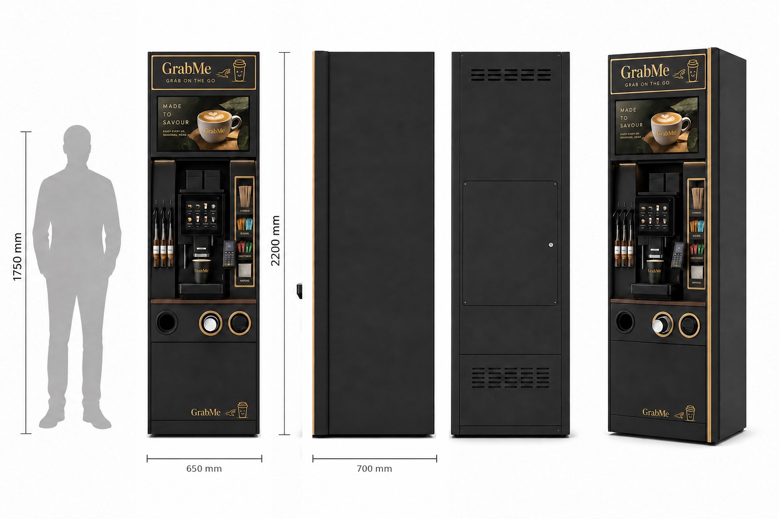 GrabMe machine dimensions: 2200 mm high, 650 mm wide, next to a 1750 mm human silhouette